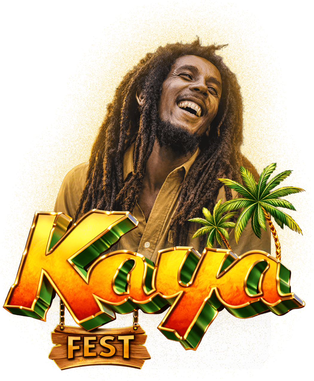 A promotional graphic for 'Kaya Fest' featuring a Stephen Marley with dreadlocks, two palm trees, and large stylized text reading 'Kaya FEST' on a dark green background with a gold speckled halo.